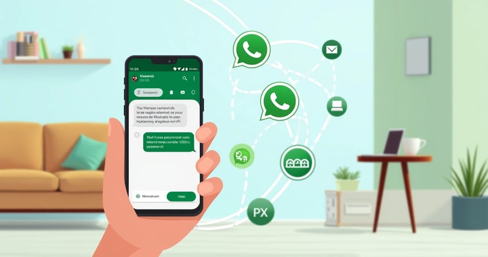 Ilustração de um celular com WhatsApp mostrando recebimento de pagamentos, fundo de sala aconchegante.
