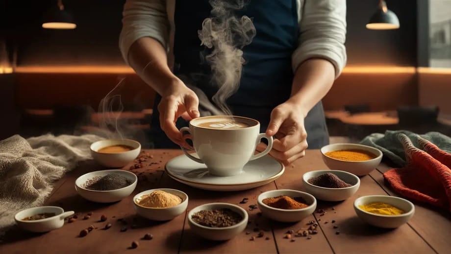Barista serve café com especiarias, frutas coloridas e tecidos texturizados em uma mesa de madeira.