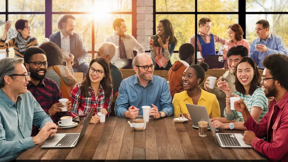 Grupo diversificado de clientes em um café moderno, conversando e usando laptops em uma mesa de madeira.