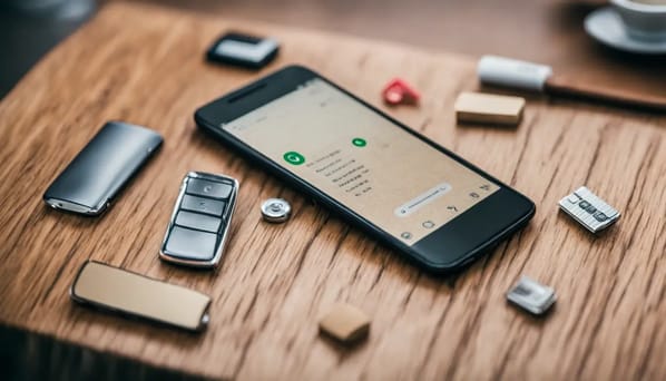 Smartphone com WhatsApp aberto mostrando integração de vendas e suporte ao lado de acessórios de escritório, representando a jornada do cliente.