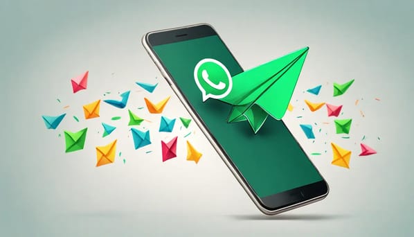 Smartphone exibindo interface do WhatsApp com ícone de avião de papel simbolizando envio de campanhas, cercado por marcas de verificação verdes.