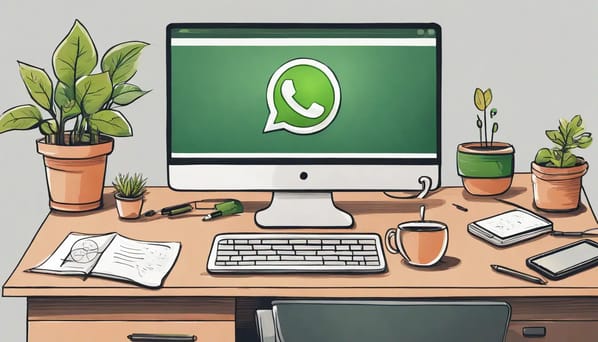 Tela de um computador exibindo um chat do WhatsApp, ao lado de um smartphone com notificações, caneca de café, bloco de notas com caneta e planta em um vaso.