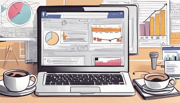 Laptop mostrando painel do Facebook Ads com gráficos, ao lado um celular com gráfico de rastreamento UTM, cercados por notas adesivas e xícara de café.