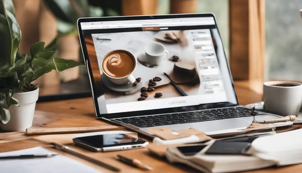 Mesa de escritório com laptop exibindo gráficos de marketing, smartphone mostrando UTM, bloco de notas, caneta, xícara de café e planta pequena.