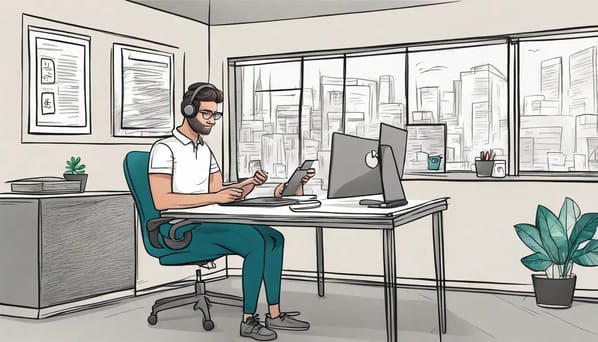Representante de atendimento ao cliente recebendo notificações no computador enquanto usa um smartphone com logo do WhatsApp.