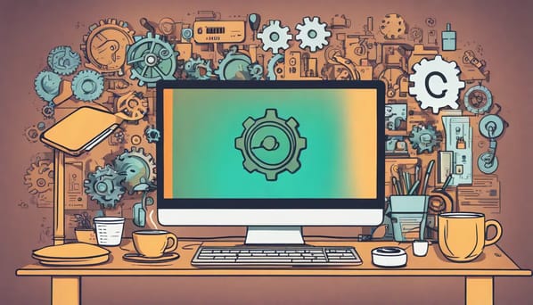 Escritório moderno com laptop mostrando interface de chat do WhatsApp, ícones de automação e detalhes de mesa organizados.
