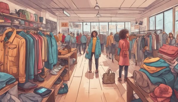 Interior de um brechó movimentado com roupas vintage coloridas e tela de notificações digitais na parede.