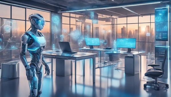 Ambiente de escritório futurista com telas digitais transparentes e assistente robô de IA em metal e vidro.