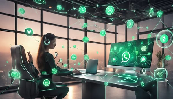 Tela de smartphones exibindo interfaces do WhatsApp Business com números virtuais em um ambiente de escritório futurista.