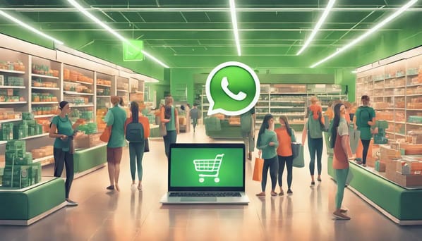 Loja de comércio eletrônico movimentada com compradores usando smartphones e logotipo do WhatsApp destacado.
