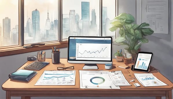 Computador moderno e smartphone com ícones de notificação, cercados por gráficos e tabelas em uma mesa de escritório.