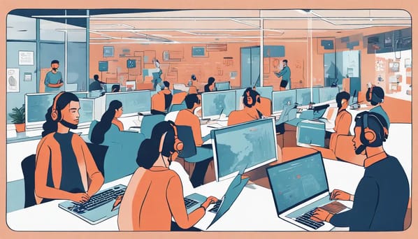 Cena dividida mostrando escritório movimentado à esquerda e equipe de marketing digital em reunião virtual à direita.