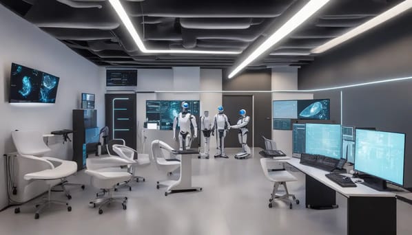 Robôs humanoides operando computadores em uma sala de atendimento com monitores grandes e assistentes virtuais holográficos.