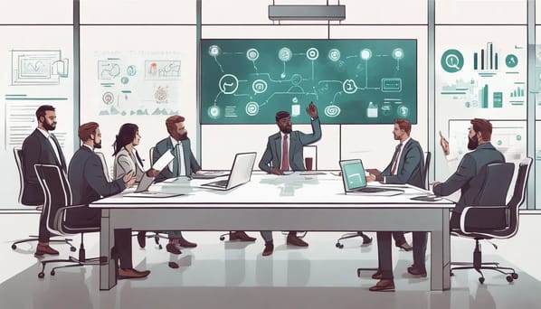 Profissionais diversificados discutindo automação do WhatsApp em uma sala de conferência moderna com dispositivos digitais.