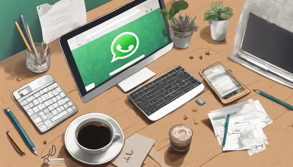 Laptop com logo do WhatsApp ao lado de um smartphone mostrando números virtuais, em uma mesa de escritório moderna.