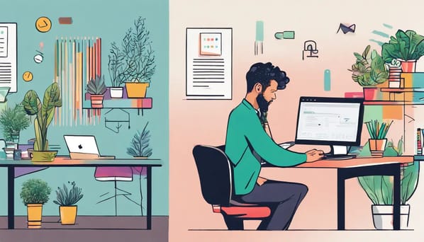 Ambiente de escritório dividido: à esquerda, dono de pequena empresa com smartphone e logo do WhatsApp; à direita, escritório corporativo com laptop mostrando código API.