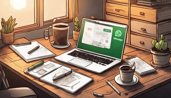 Área de trabalho com laptop exibindo WhatsApp Business, smartphone com bolhas de chat e caderno sobre mesa de madeira.