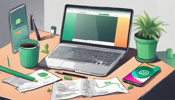 Smartphone mostrando tela do WhatsApp em mesa de escritório com laptop, xícara de café e folhetos de marketing.