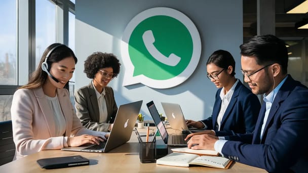 Equipe de escritório com três pessoas trabalhando em laptops e um grande logotipo do WhatsApp na parede.
