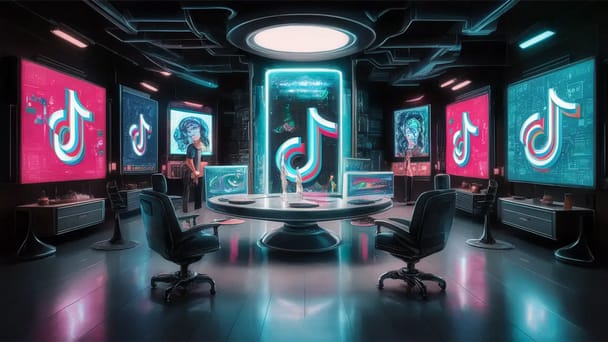 Estúdio futurista com telas digitais exibindo anúncios do TikTok e interfaces holográficas brilhantes.