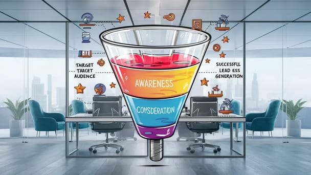 Fundo digital de marketing com funil transparente de três seções e ícones de planejamento e público-alvo.