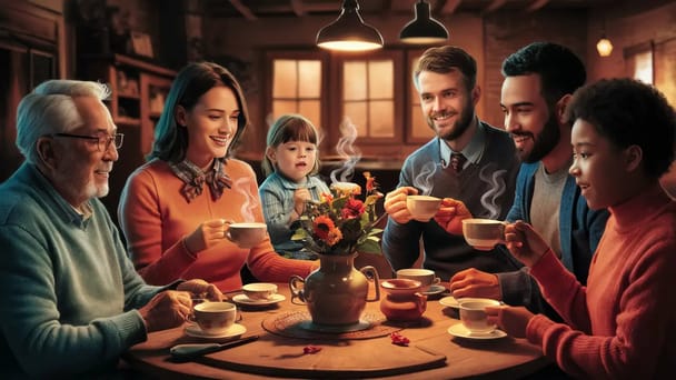 Grupo de cinco pessoas conversando ao redor de uma mesa de madeira com flores no centro e xícaras de chá.