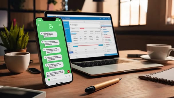Smartphone com chat do WhatsApp aberto ao lado de laptop com painel de vendas em mesa de madeira.