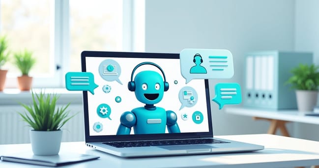 Ilustração de um laptop mostrando interface de chatbot com ícones de serviço ao cliente coloridos.