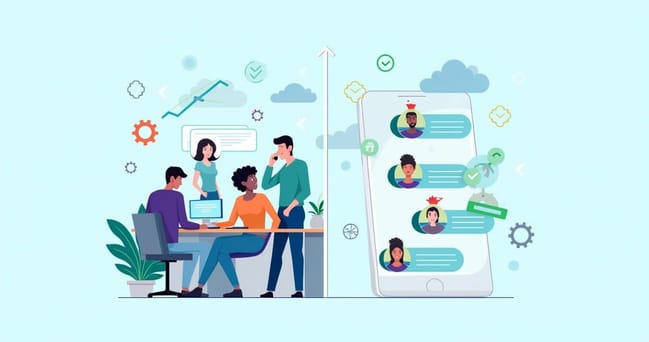 Ilustração de ambiente de atendimento ao cliente mostrando integração de CRM com WhatsApp.