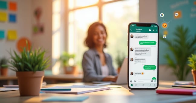 Ambiente moderno com suporte ao cliente conversando via WhatsApp, mostrando conexão e interação positiva.