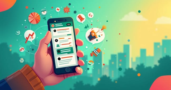 Ilustração digital de um smartphone com WhatsApp e gráficos de marketing em um fundo colorido e dinâmico.