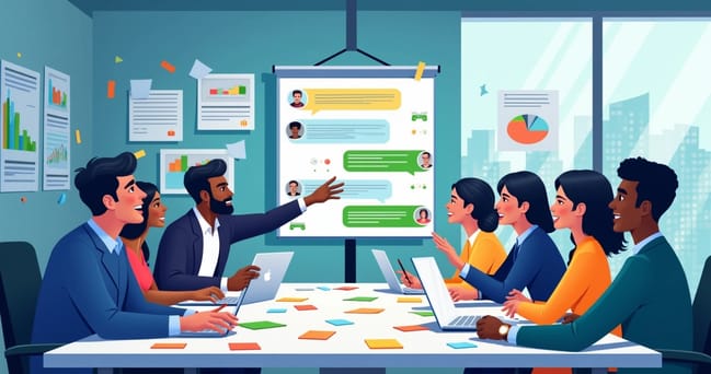 Ilustração de equipe de marketing criando campanhas personalizadas com chatbots do WhatsApp.