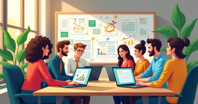 Ambiente de escritório moderno com equipe de vendas integrando CRM ao WhatsApp em seus computadores.