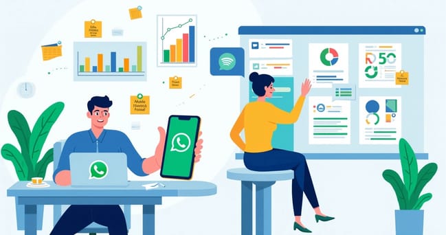 Ilustração de um escritório com um representante de vendas usando WhatsApp integrado ao CRM.