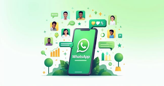 Ilustração digital mostrando smartphone com WhatsApp e ícones de leads em um fundo verde vibrante.