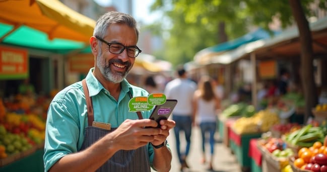 Vendedor interagindo via WhatsApp em um mercado, com mensagens coloridas no celular e produtos frescos ao fundo.