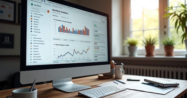 Mesa de escritório com computador aberto mostrando gráfico de backlinks em tela, cercado por documentos e anotações de assessoria de imprensa