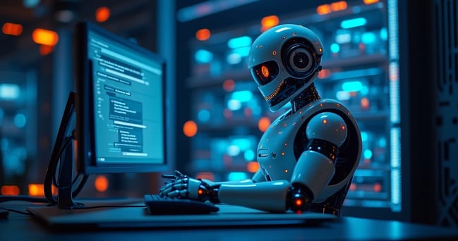 Tela de computador mostrando chatbot automatizado com ícones de alerta e clientes frustrados ao fundo