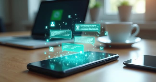 Tela de smartphone com conversa automatizada de chatbot no WhatsApp mostrando mensagens interativas