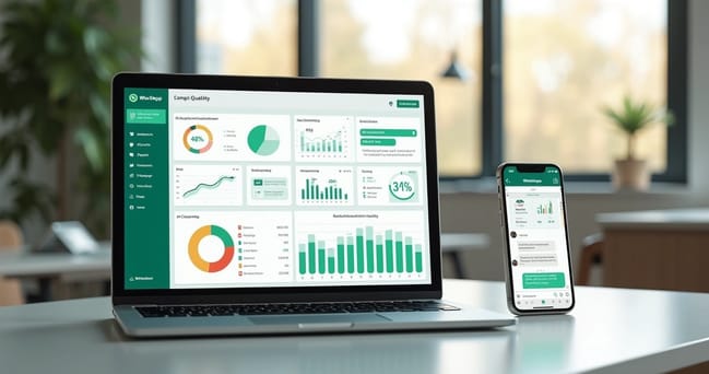 Mesa de trabalho com computador mostrando dashboard de indicadores de atendimento no WhatsApp, gráficos e métricas em destaque, ao lado smartphone com conversa ativa no WhatsApp