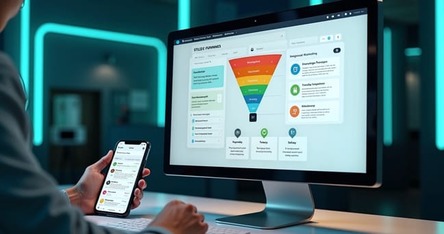 Tela de computador exibindo dashboard com funil de vendas automatizado via WhatsApp, mostrando gráficos coloridos e notificações interativas em fundo moderno