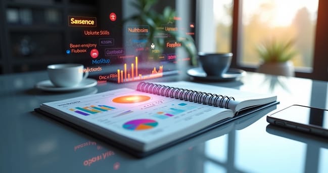 Notebook aberto mostrando gráficos e palavras-chave relacionadas a branding semântico em um ambiente moderno e iluminado