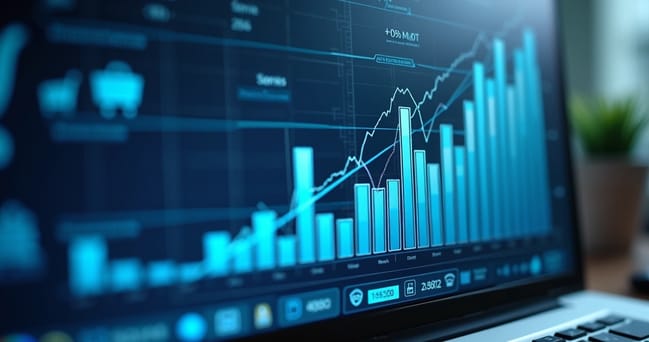 Tela de computador mostrando gráficos financeiros detalhados e cálculos de margem de contribuição para e-commerce, com elementos visuais de vendas online e comércio digital ao fundo