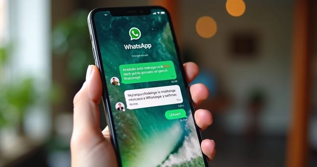 Tela de smartphone mostrando mensagens automatizadas de WhatsApp em uma interface moderna e colorida com ícones de marketing e notificações ao redor