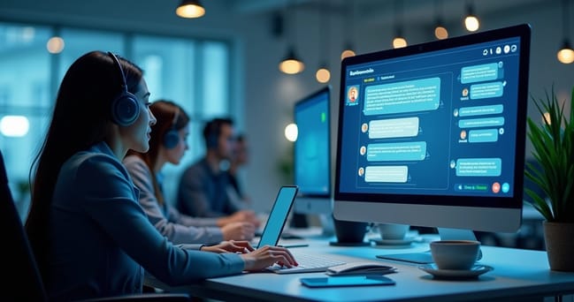 Interface de chatbot inteligente respondendo perguntas em atendimento digital com ícones de mensagens e interação