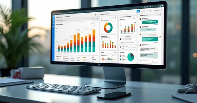 Tela de computador com dados do Google Analytics e interface do WhatsApp lado a lado mostrando gráficos e mensagens automatizadas