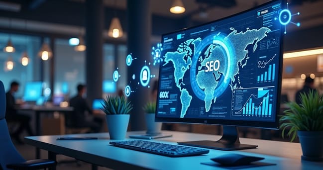 Tela de computador exibindo gráficos complexos de SEO e GEO com ícones de inteligência artificial ao redor