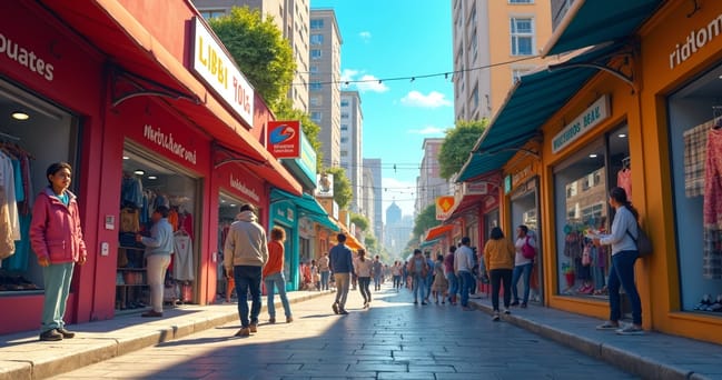 Rua movimentada do Brás com lojas de roupas e pessoas negociando em frente a vitrines