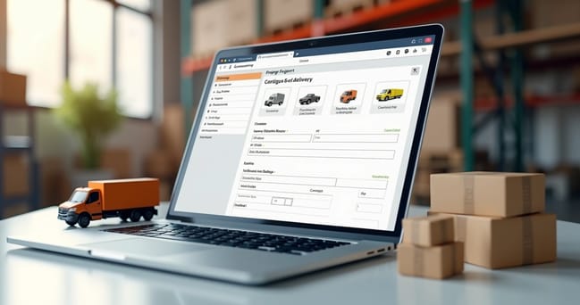 Gateway de frete mostrando tela de configuração de entrega online em laptop com pacotes e caminhão de entrega ao fundo