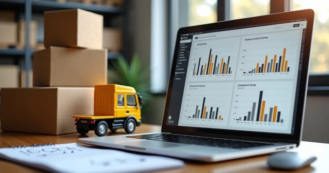 Mesa com laptop mostrando gráficos de logística e transporte ao lado de caixas de encomendas e um caminhão de entrega em miniatura